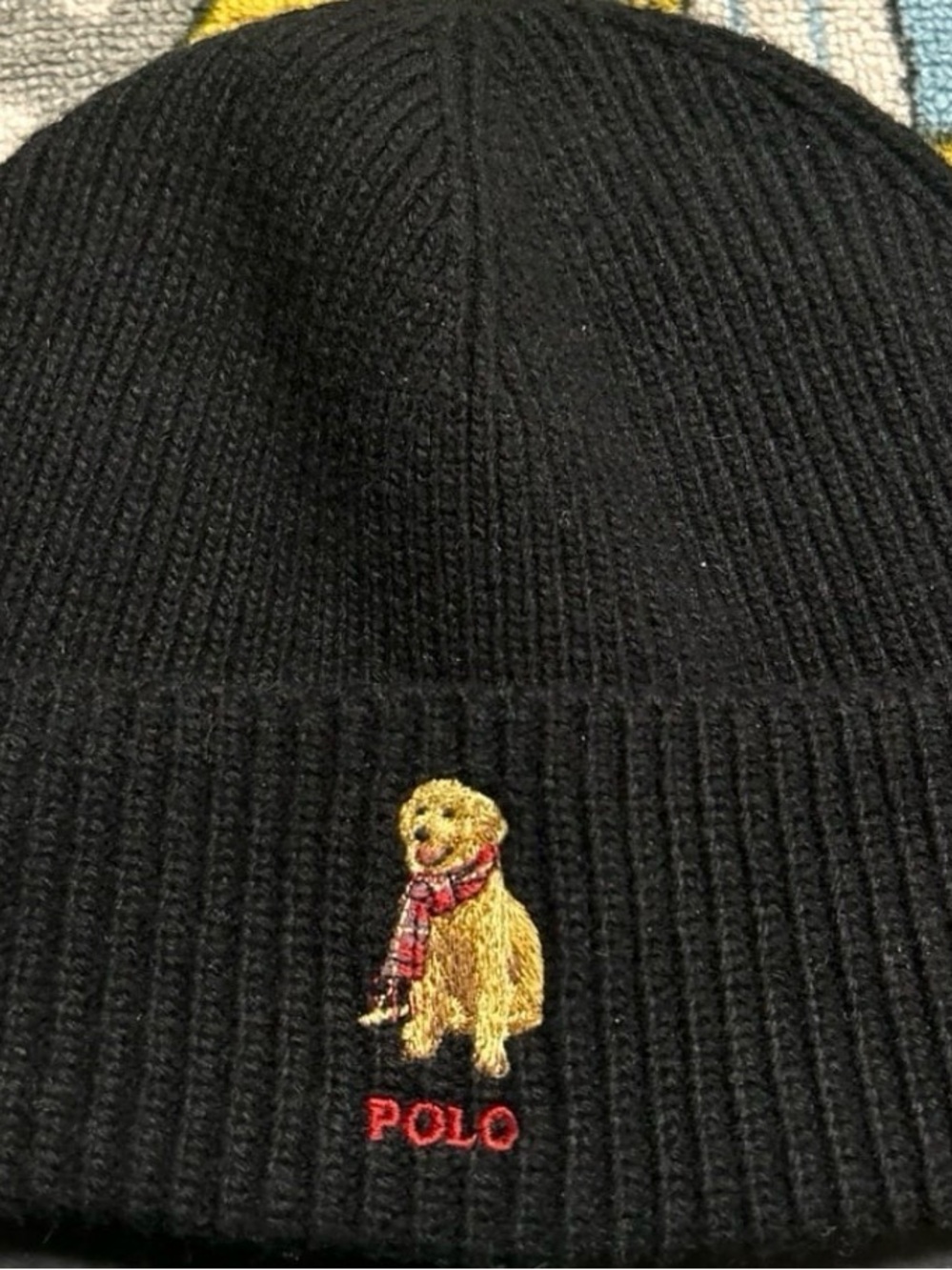 Men’s Golden Retriever Dog with Red Scarf Black Knit Beanie by Polo Ralph Lauren